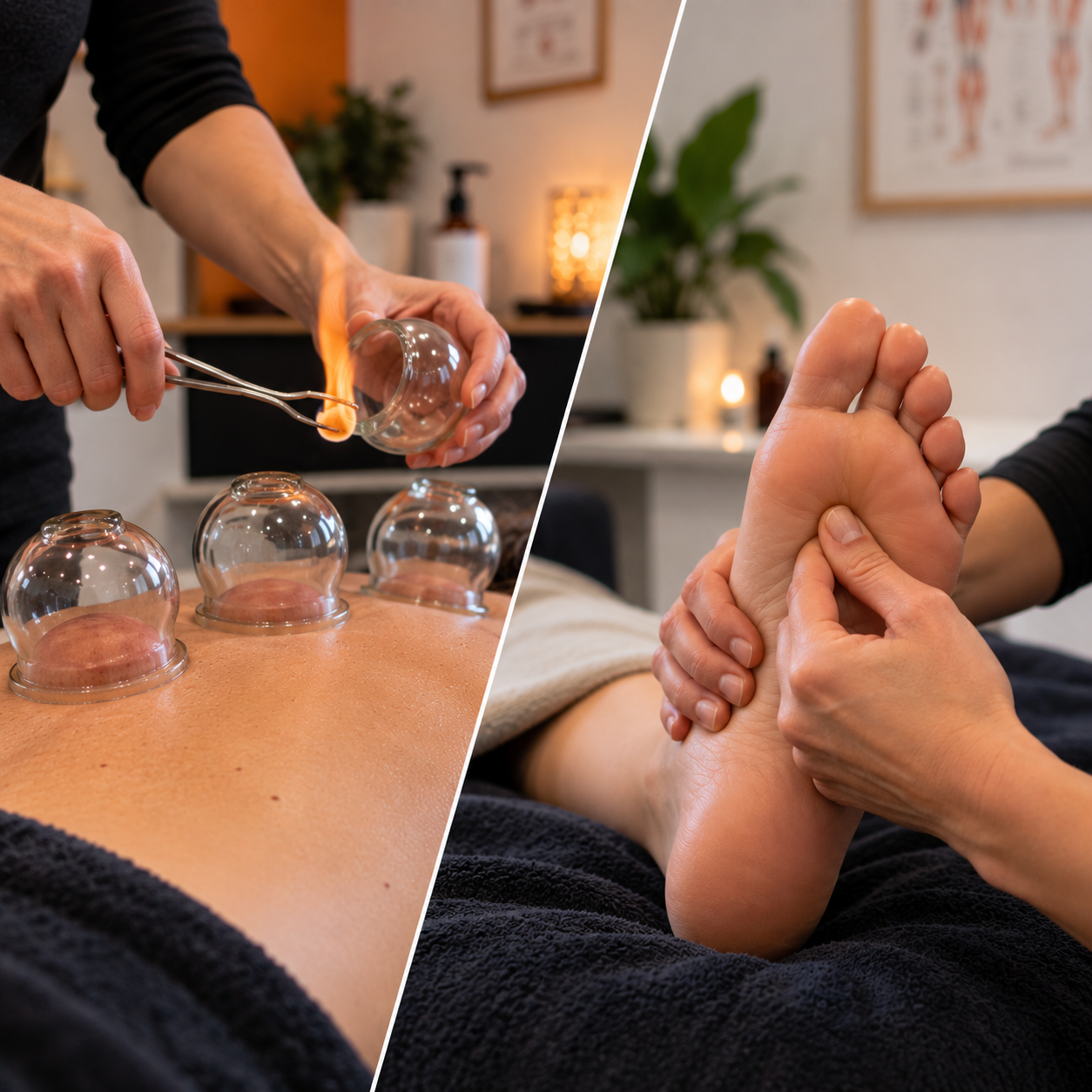 Ventouses en verre et réflexologie plantaire pratiquées en complément d’une séance d’ostéopathie à Feignies
